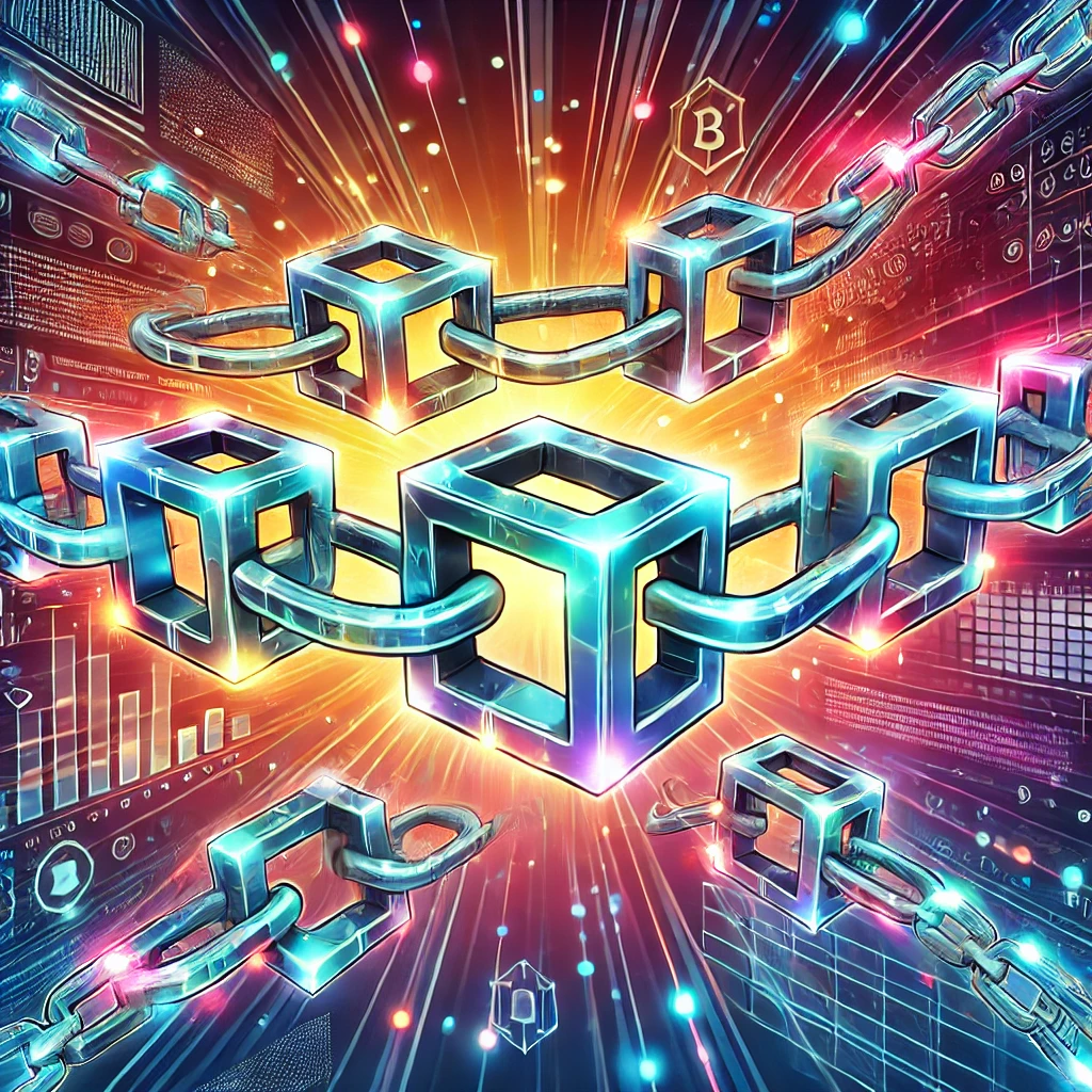 A vibrant comic-style illustration of interconnected digital blocks forming a secure blockchain network with a futuristic cyber background.