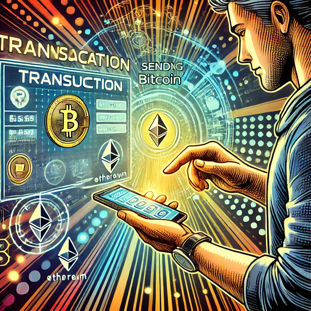 A comic-style illustration of a person using a digital wallet app to send Bitcoin and Ethereum in a futuristic blockchain-powered financial system.