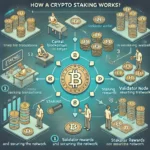 Step-by-step illustration of how crypto staking works, showing wallet setup, staking pools, validator nodes, and earning rewards.