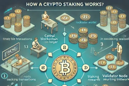 Step-by-step illustration of how crypto staking works, showing wallet setup, staking pools, validator nodes, and earning rewards.