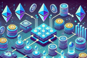 Illustration of liquid staking in cryptocurrency, showing users staking assets and receiving liquid tokens for trading and reinvesting.