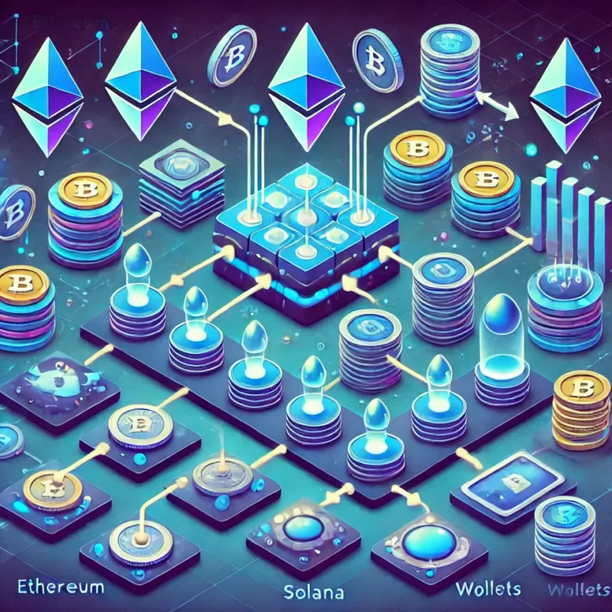 Illustration of liquid staking in cryptocurrency, showing users staking assets and receiving liquid tokens for trading and reinvesting.