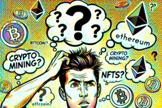 A comic-style illustration of a confused man surrounded by thought bubbles with cryptocurrency-related terms like Bitcoin, Ethereum, NFTs, and crypto mining.