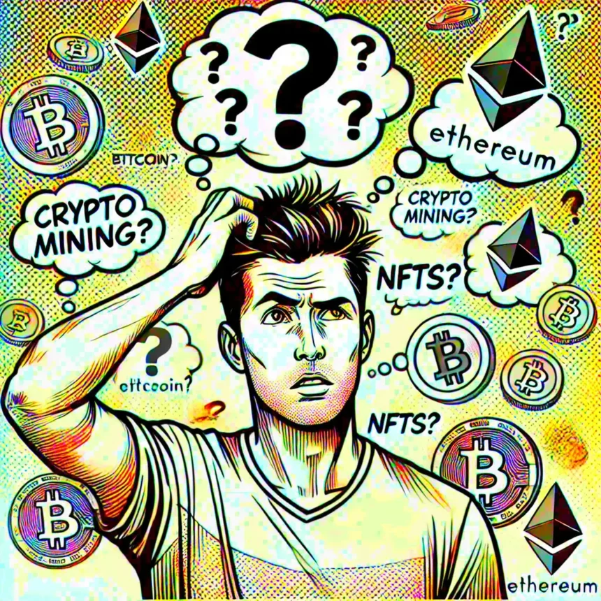 A comic-style illustration of a confused man surrounded by thought bubbles with cryptocurrency-related terms like Bitcoin, Ethereum, NFTs, and crypto mining.