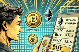 A comic-style illustration of a person purchasing Bitcoin and Ethereum on a digital exchange platform.