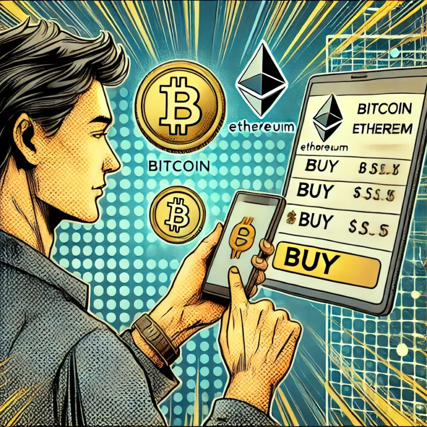 A comic-style illustration of a person purchasing Bitcoin and Ethereum on a digital exchange platform.