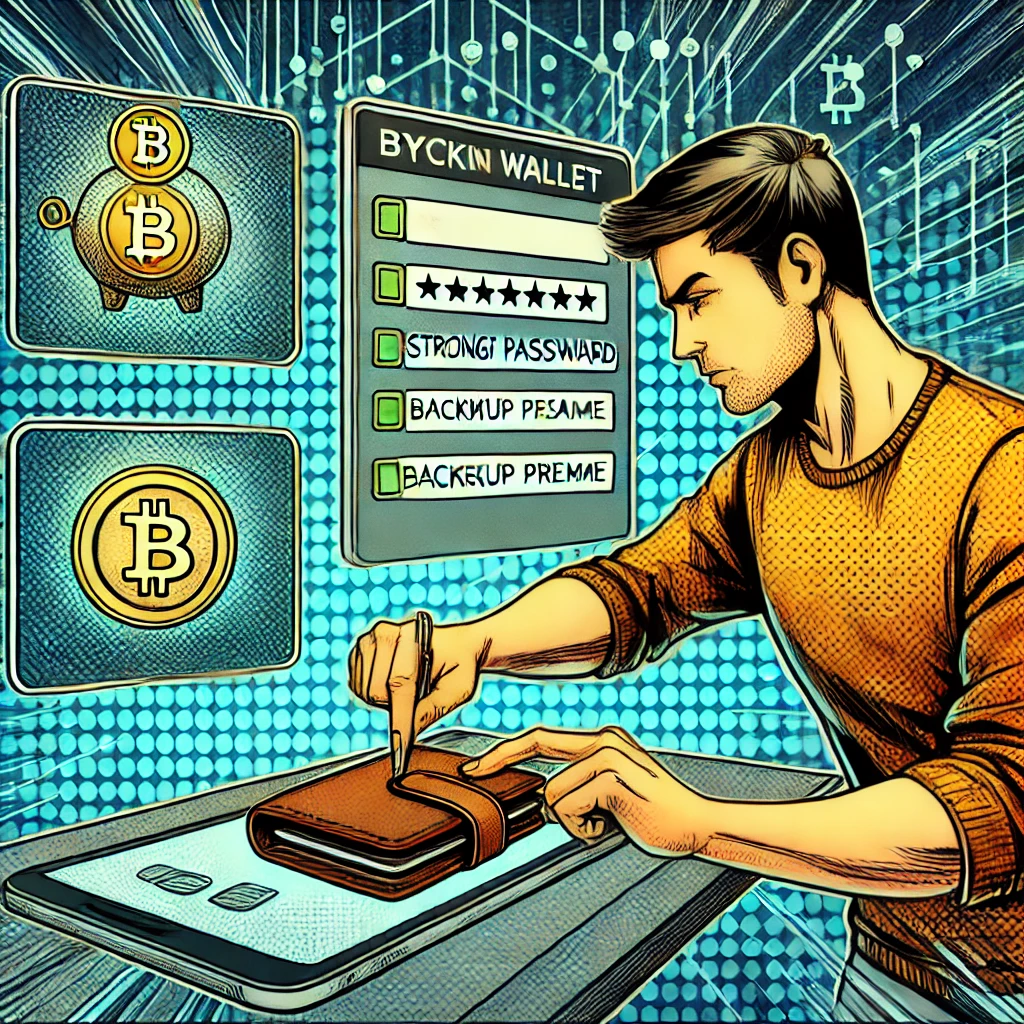 An illustration of a person setting up a secure cryptocurrency wallet with a password and backup phrase.