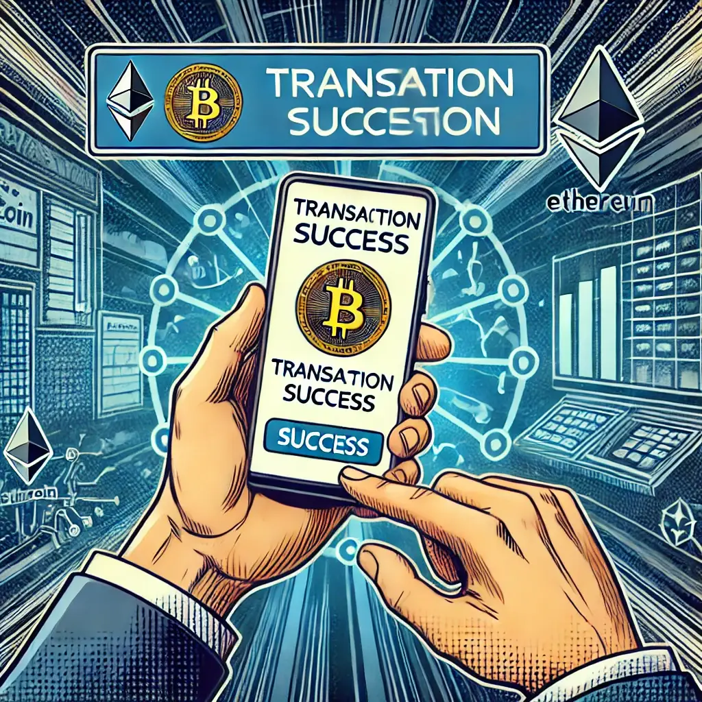 An illustration of a person confirming a Bitcoin or Ethereum transaction on their smartphone.