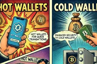 A split-screen illustration comparing hot wallets (mobile apps) for quick transactions and cold wallets (hardware storage) for enhanced security.