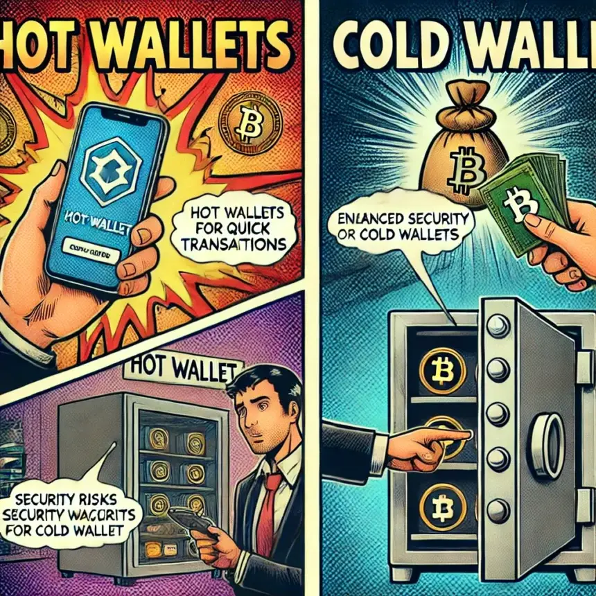 A split-screen illustration comparing hot wallets (mobile apps) for quick transactions and cold wallets (hardware storage) for enhanced security.