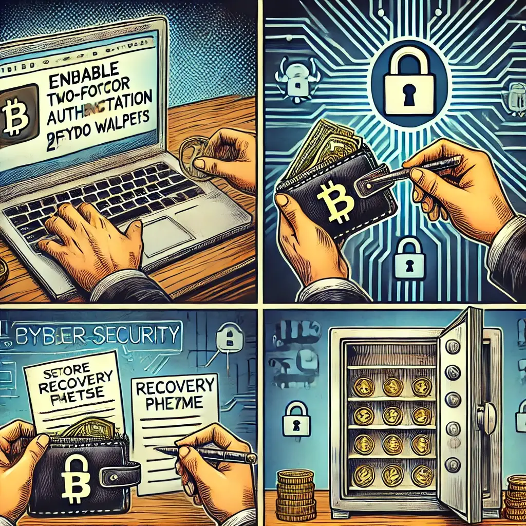 A comic-style illustration of security best practices for cryptocurrency wallets, including enabling 2FA, storing a hardware wallet in a safe, and writing down a recovery phrase.