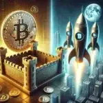 A realistic split-screen digital illustration of Bitcoin as a golden fortress symbolizing stability and altcoins as futuristic rockets launching into space, representing innovation and high risk.