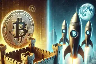 A realistic split-screen digital illustration of Bitcoin as a golden fortress symbolizing stability and altcoins as futuristic rockets launching into space, representing innovation and high risk.