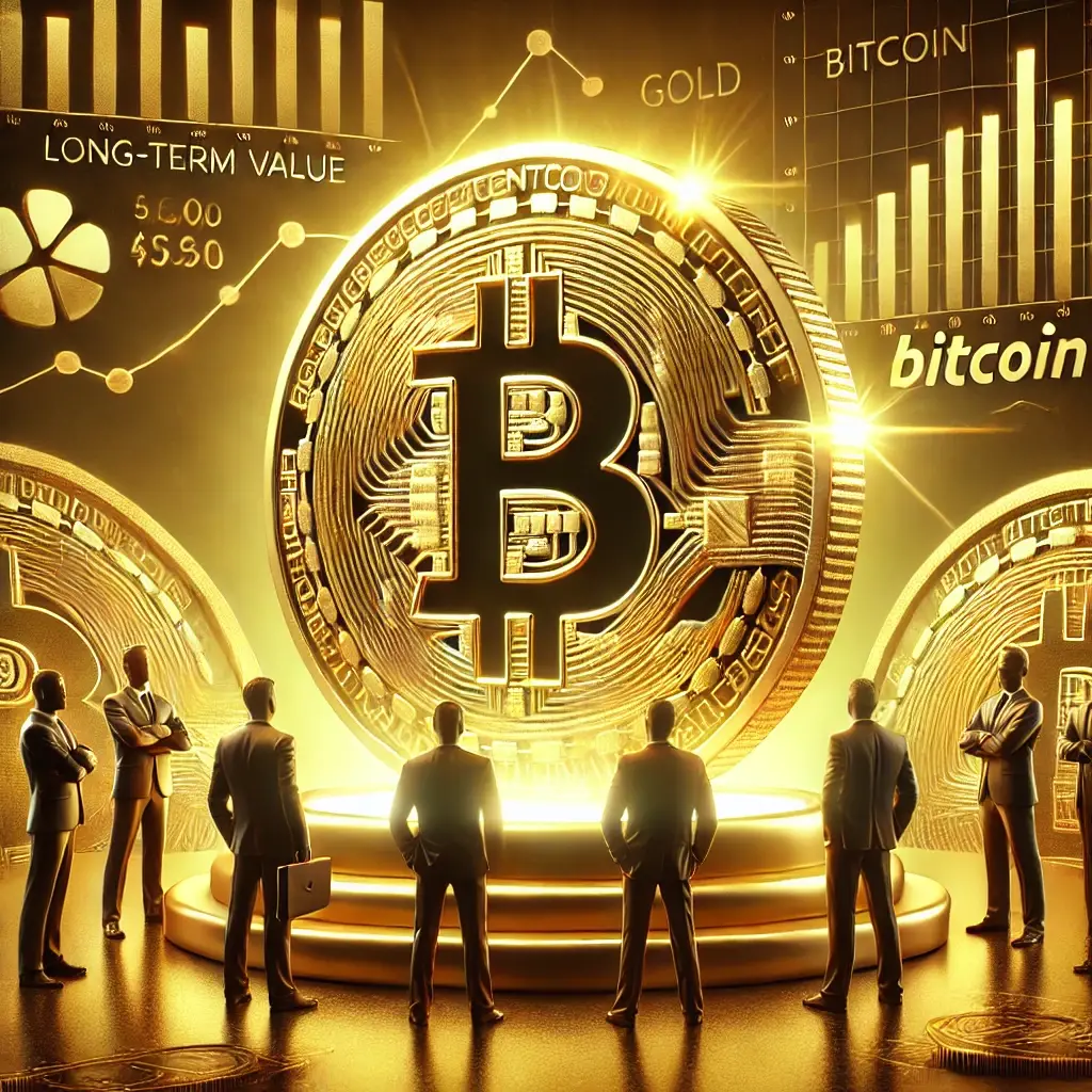 A realistic digital illustration of a glowing Bitcoin on a golden pedestal, surrounded by investors in suits admiring it as a hedge against inflation and long-term store of value.