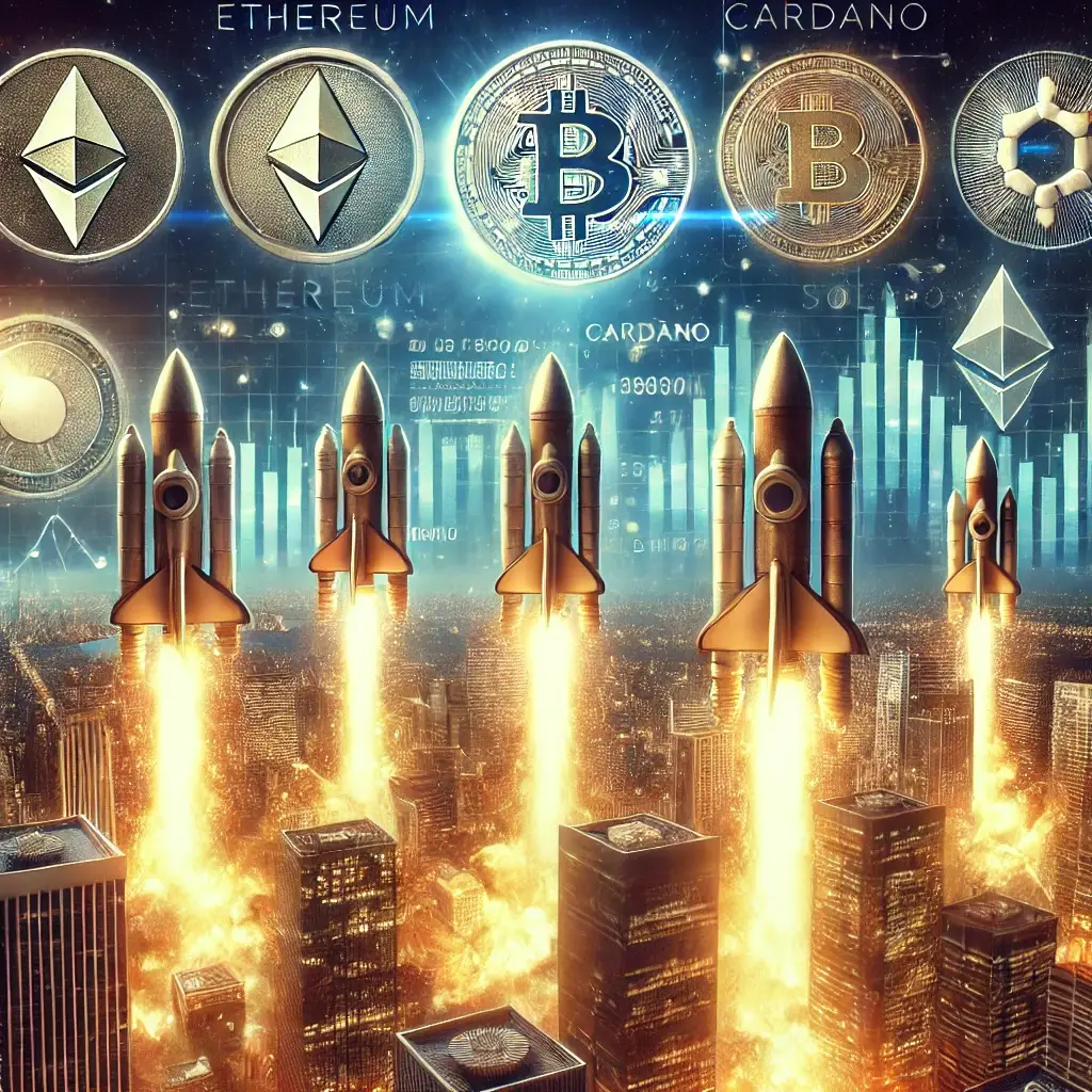 A realistic digital illustration of Ethereum, Cardano, and Solana launching like rockets over a futuristic cityscape, symbolizing altcoins' rapid growth and investment potential.