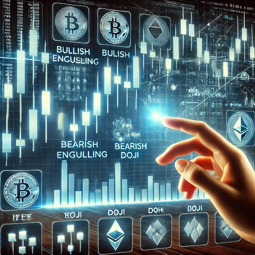 A highly realistic digital illustration showcasing key candlestick patterns like bullish engulfing, bearish engulfing, doji, and hammer on a glowing trading screen. A trader’s hand is interacting with the chart.