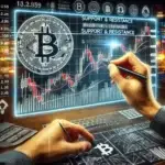 A highly realistic digital illustration of a trader drawing support and resistance levels on a Bitcoin price chart, with financial data and market trends in the background.