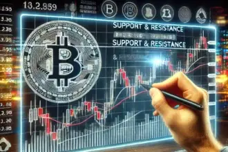 A highly realistic digital illustration of a trader drawing support and resistance levels on a Bitcoin price chart, with financial data and market trends in the background.