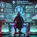 digital illustration of a futuristic crypto investor in a neon-lit cyberpunk office, analyzing passive income from staking, yield farming, and lending on holographic screens.