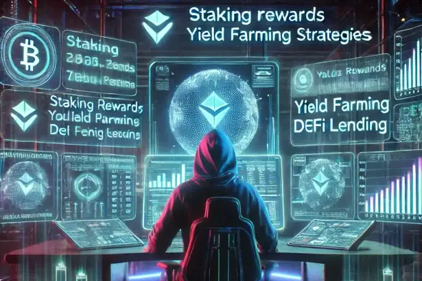 digital illustration of a futuristic crypto investor in a neon-lit cyberpunk office, analyzing passive income from staking, yield farming, and lending on holographic screens.