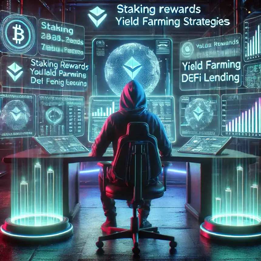 digital illustration of a futuristic crypto investor in a neon-lit cyberpunk office, analyzing passive income from staking, yield farming, and lending on holographic screens.