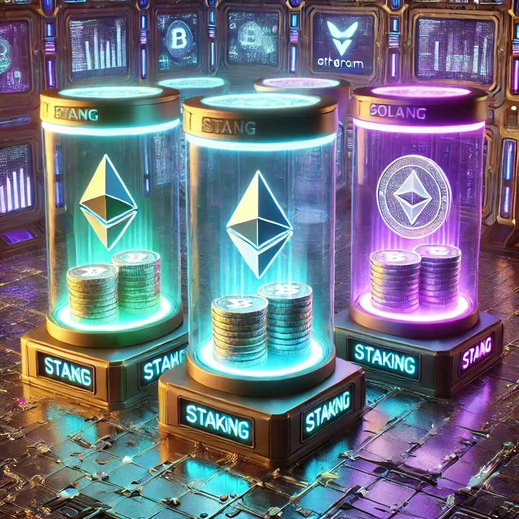 digital illustration of a futuristic staking vault where Ethereum, Cardano, and Solana coins are locked into glowing high-tech staking pods.