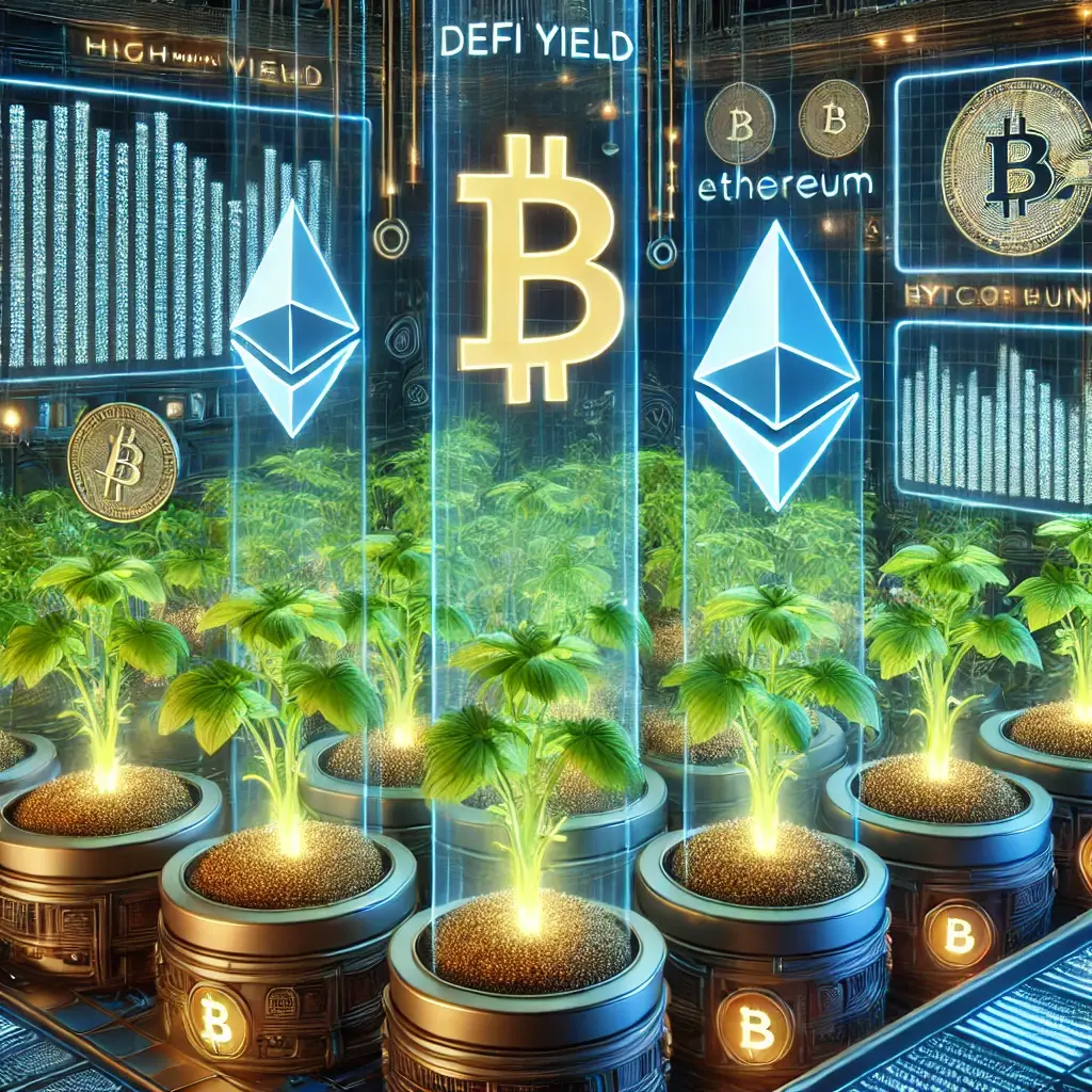 digital illustration of a futuristic DeFi yield farming system where Ethereum and Bitcoin grow like plants in glowing hydroponic containers.