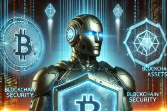 cybersecurity expert surrounded by holographic security shields, blockchain firewalls, and digital encryption codes, protecting cryptocurrency assets.