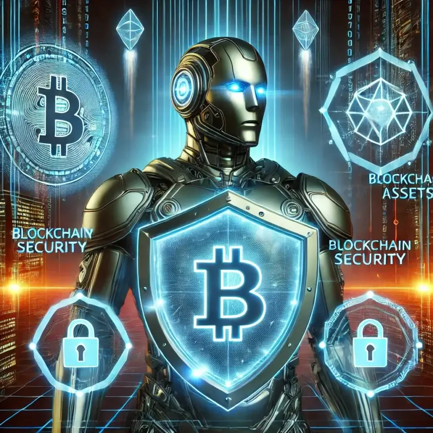 cybersecurity expert surrounded by holographic security shields, blockchain firewalls, and digital encryption codes, protecting cryptocurrency assets.