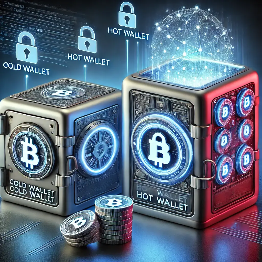 digital illustration comparing a cold wallet as a secure vault and a hot wallet as a connected digital storage system, representing different levels of crypto security.