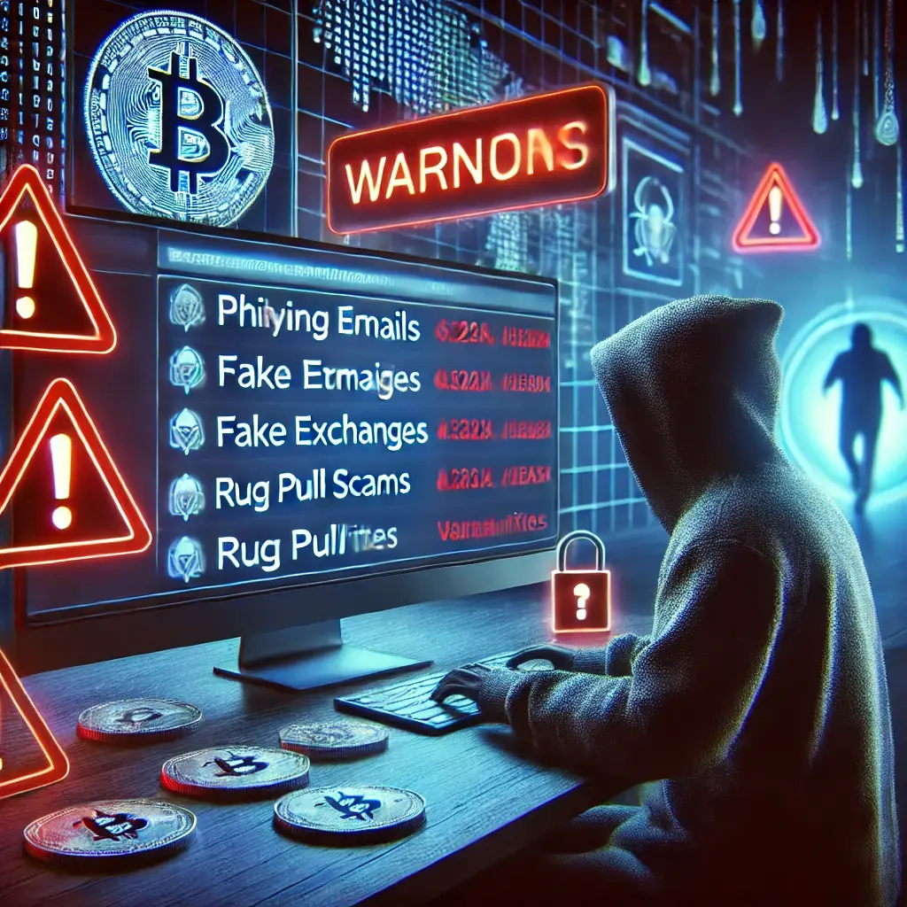 A trader’s computer screen displaying red warning alerts for phishing emails, fake exchanges, and rug pull scams, with a hooded hacker lurking in the background.