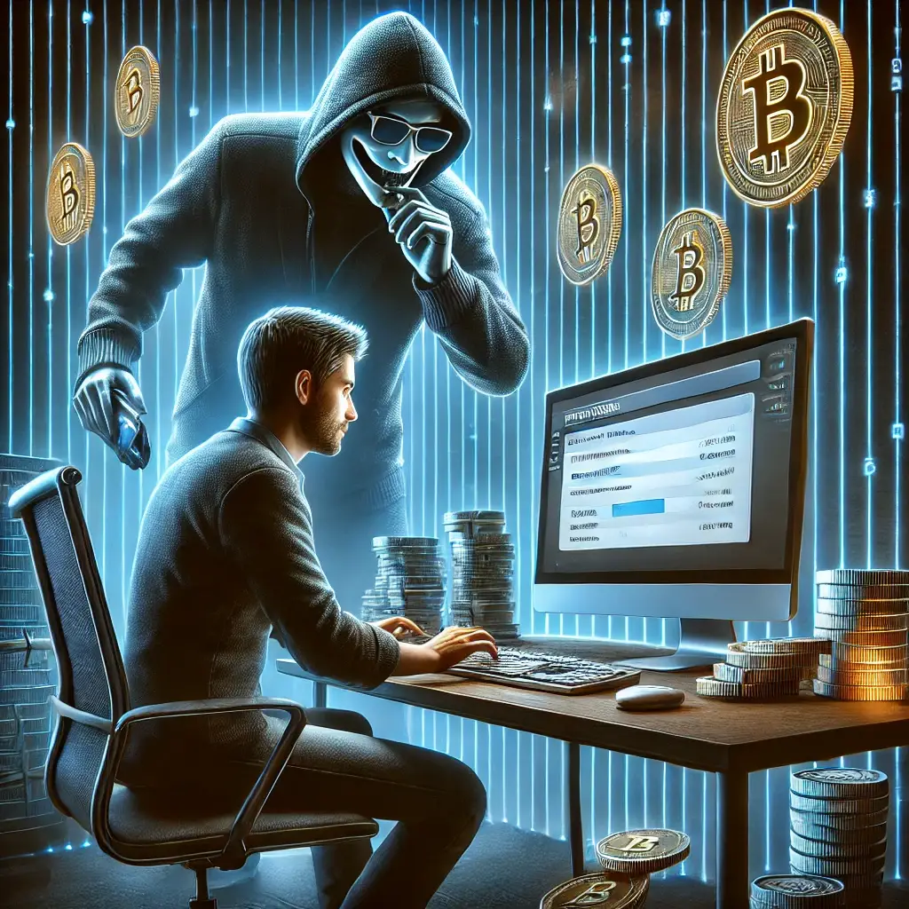 illustration of a crypto investor unknowingly entering private keys into a fake website, while a shadowy hacker steals their assets.