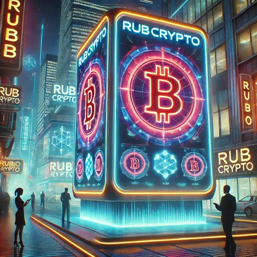 cryptocurrency advertising hub featuring the RubCrypto logo on a high-tech digital billboard in a neon-lit cyberpunk cityscape.