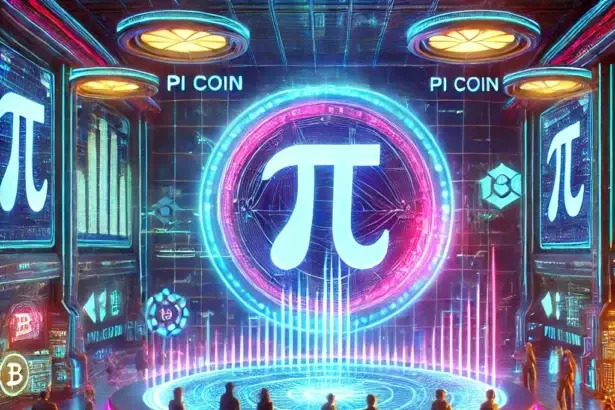 cryptocurrency exchange with traders watching Pi Coin’s price charts on massive digital screens.