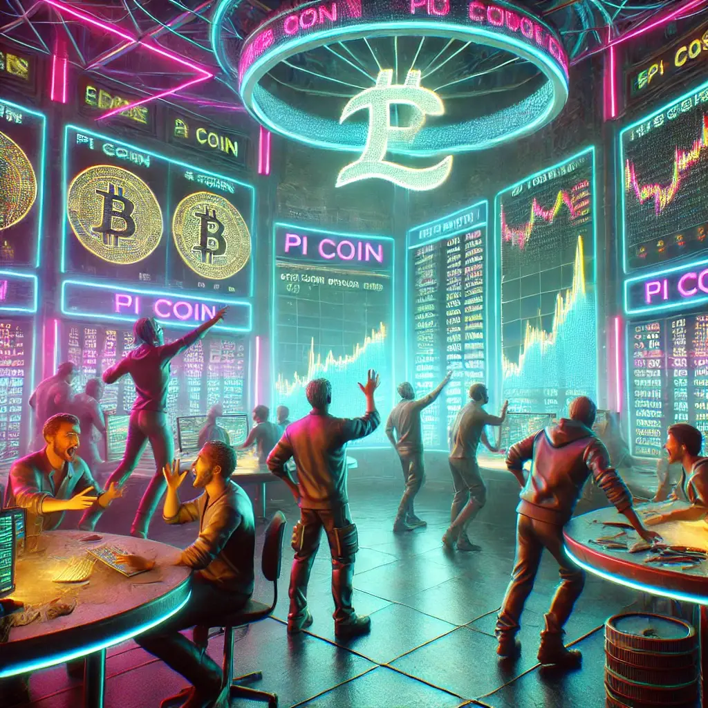 Traders and investors react to the Pi Coin listing in a neon-lit cryptocurrency trading hub, analyzing price fluctuations.