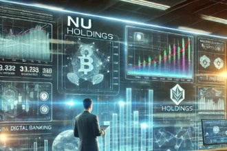 Nu Holdings' investment performance on holographic financial charts, integrating digital banking and blockchain data.