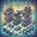 illustration of various cryptocurrency mining hardware, including ASIC miners, GPUs, and CPUs, with a futuristic background.