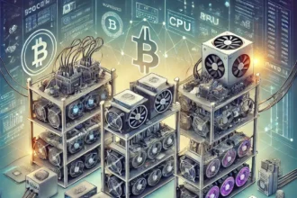 illustration of various cryptocurrency mining hardware, including ASIC miners, GPUs, and CPUs, with a futuristic background.