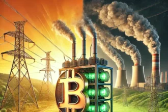 Conceptual illustration of crypto mining's environmental impact, showing a Bitcoin mining rig consuming electricity, with a contrast between sustainable energy and pollution.