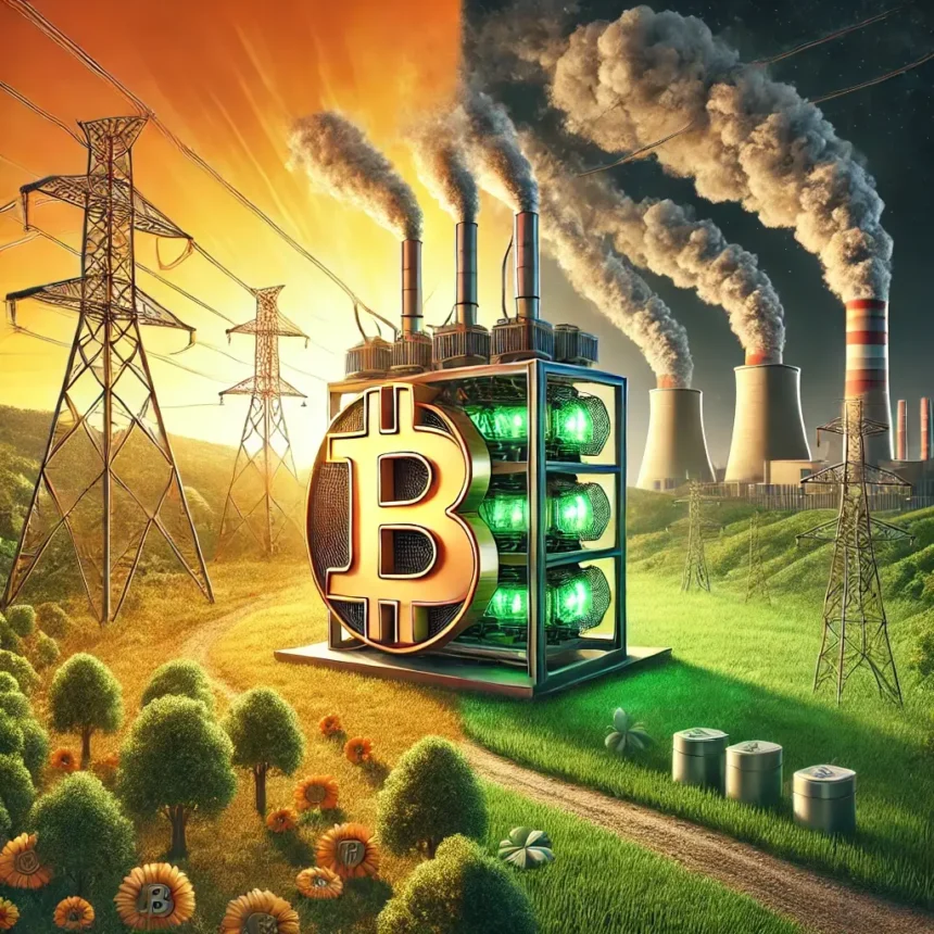 Conceptual illustration of crypto mining's environmental impact, showing a Bitcoin mining rig consuming electricity, with a contrast between sustainable energy and pollution.