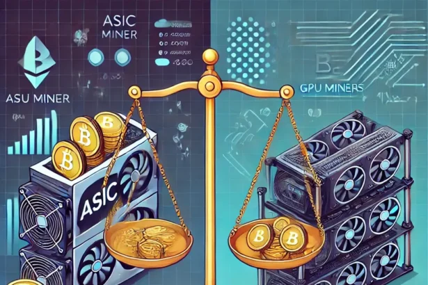 illustration comparing ASIC miners and GPU miners for cryptocurrency mining.