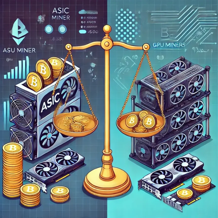 illustration comparing ASIC miners and GPU miners for cryptocurrency mining.