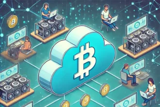 illustration depicting cloud mining, where users rent mining power from a third-party provider. The image shows a cloud icon connected to cryptocurrency mining rigs and digital coins.