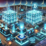 cryptocurrency mining farm powered by AI and renewable energy, featuring advanced mining rigs, holographic data displays, and blockchain interfaces.