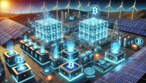 cryptocurrency mining farm powered by AI and renewable energy, featuring advanced mining rigs, holographic data displays, and blockchain interfaces.