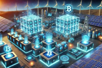 cryptocurrency mining farm powered by AI and renewable energy, featuring advanced mining rigs, holographic data displays, and blockchain interfaces.