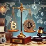 A balanced scale with a Bitcoin symbol on one side and legal documents on the other, representing cryptocurrency mining regulations.