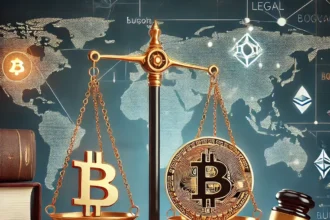 A balanced scale with a Bitcoin symbol on one side and legal documents on the other, representing cryptocurrency mining regulations.