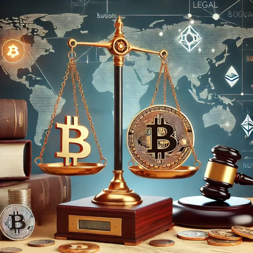 A balanced scale with a Bitcoin symbol on one side and legal documents on the other, representing cryptocurrency mining regulations.