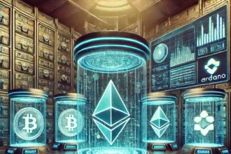 futuristic blockchain vault where Ethereum, Cardano, and Solana coins are locked for staking, with holographic screens displaying staking rewards and network security metrics.